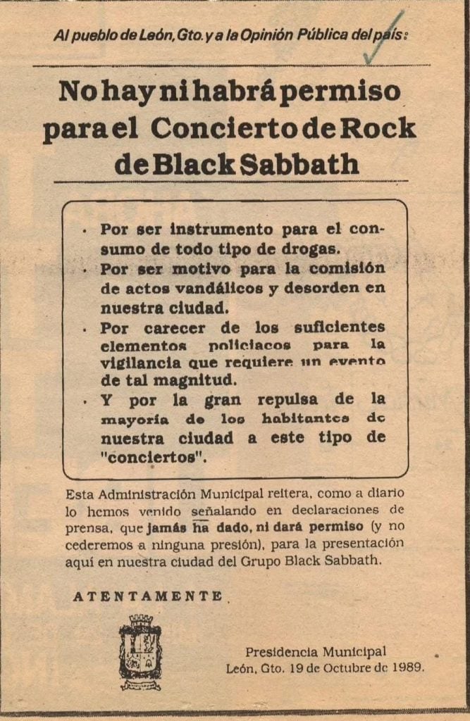 Prohibición de concierto de Black Sabbath en León, documentos históricos sobre eventos y política local.