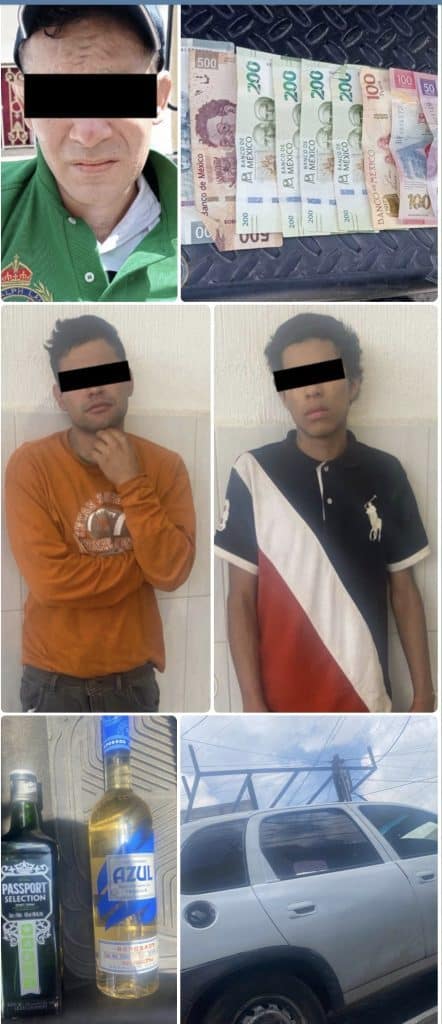 Dinero en billetes mexicanos y personas con ojos cubiertos, en contexto de denuncia o investigación.