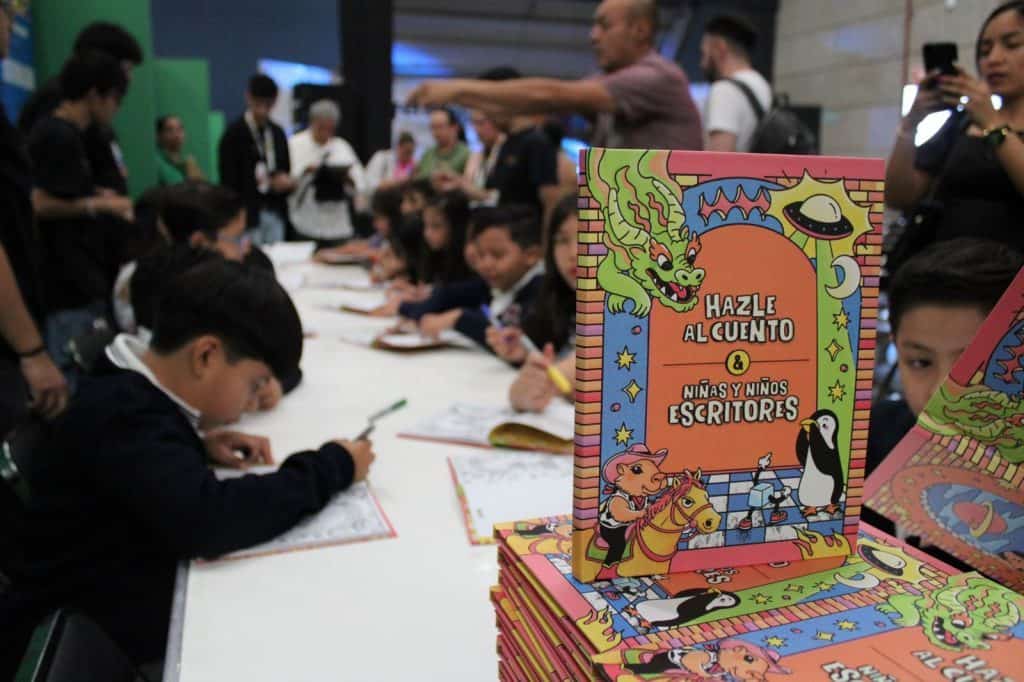 Dibujo infantil del libro "Hazle al cuento", evento para niños escritores en conferencia académica.