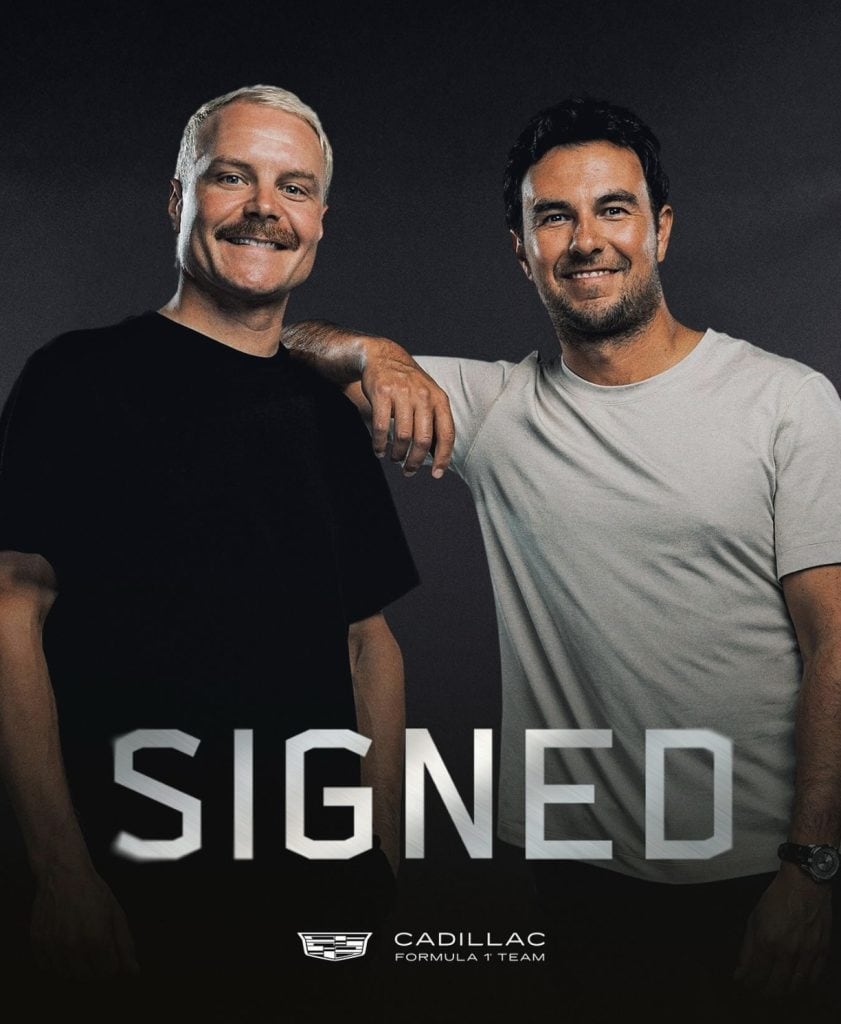 Campeones de Fórmula 1 con patrocinio de Cadillac en imagen promocional.
