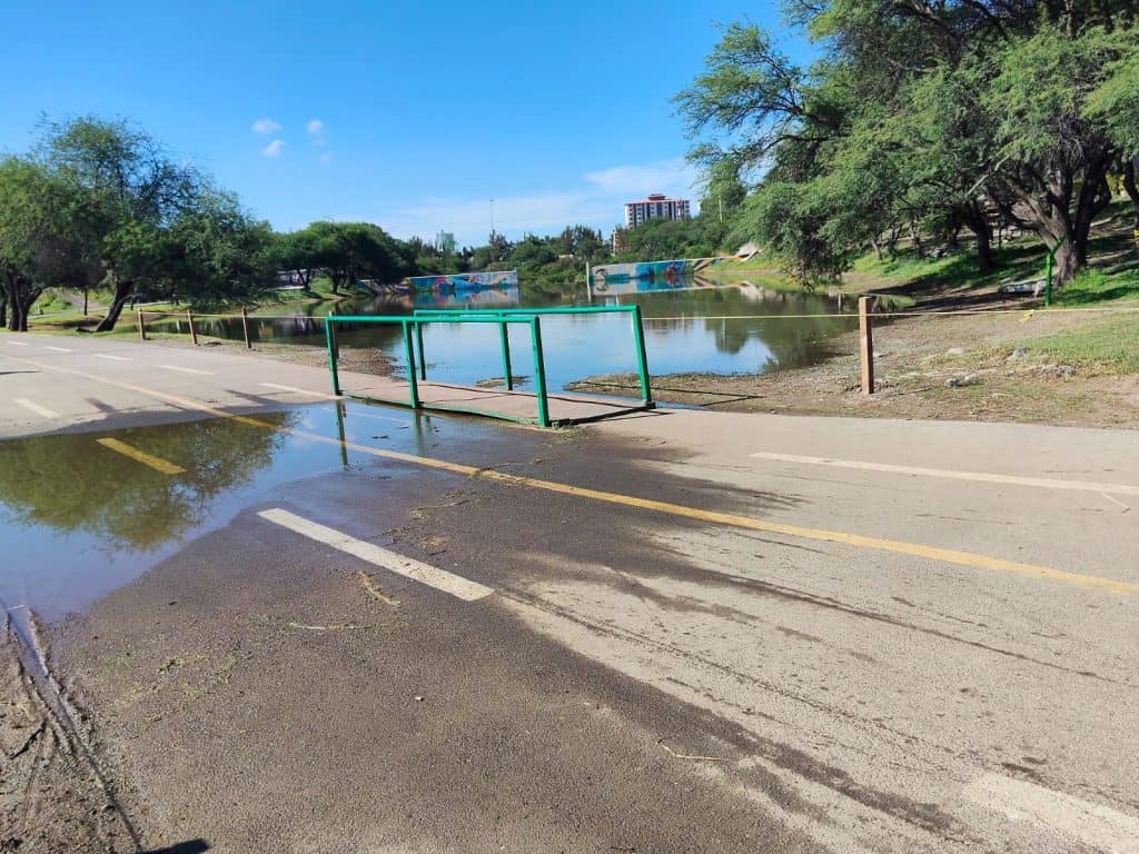 Una carretera con charcos de agua y un parque con lago y árboles verdes bajo cielo azul despejado.