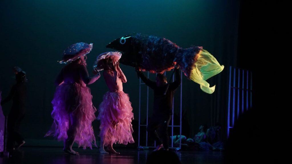 Sombreros de océano con iluminación en teatro, espectáculo artístico con disfraces creativos.