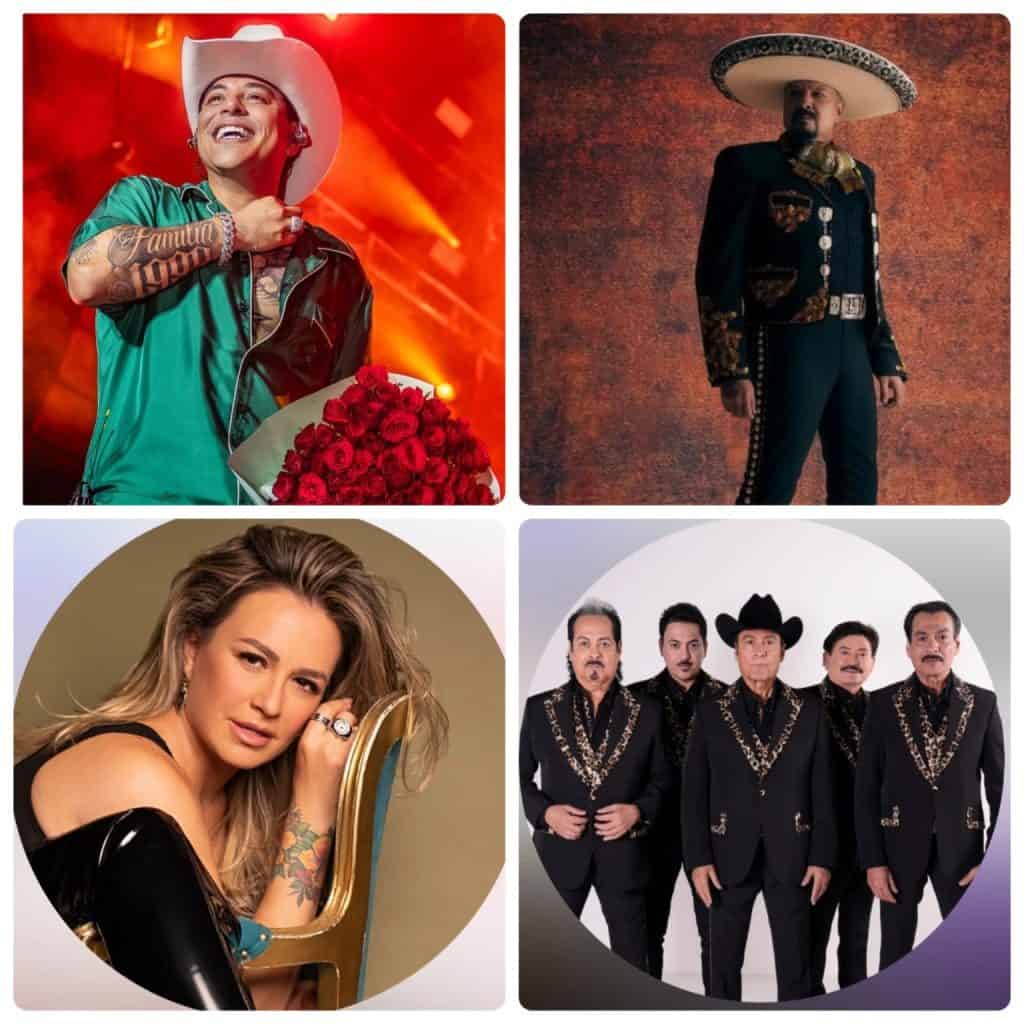 Alegría en concierto con artista en escenario y ramo de flores rosadas.