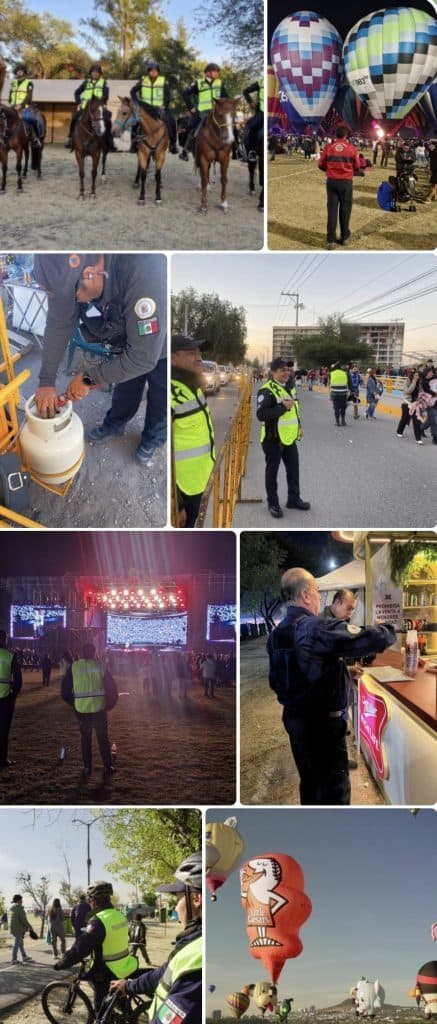 Cuerpos de seguridad vigilando evento deportivo y festival de globos aerostáticos en Ciudad de México.