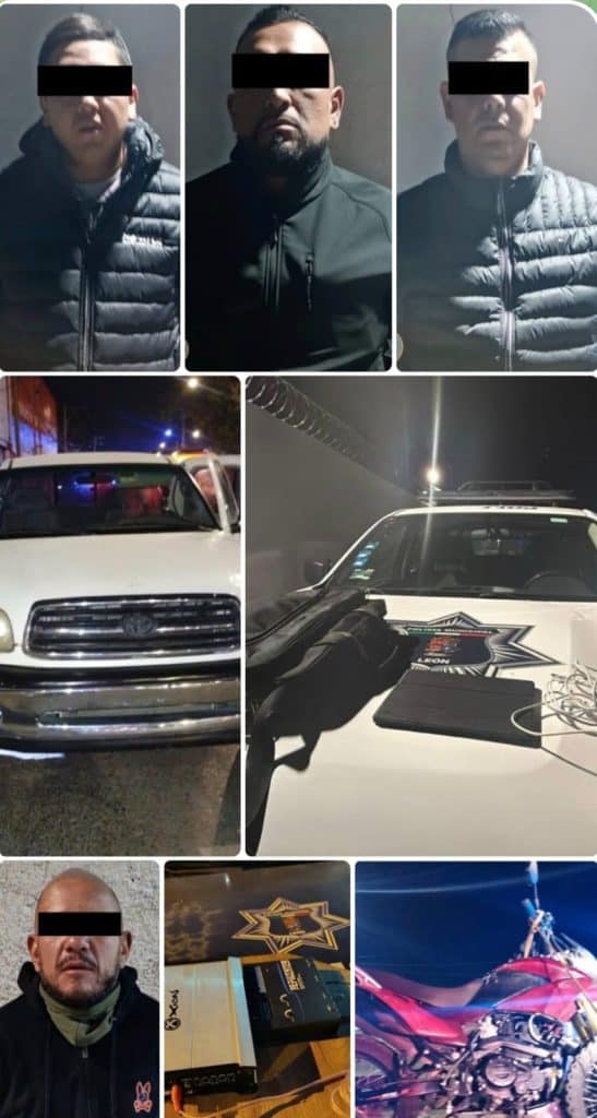 Cuatro presuntos cristaleros fueron detenidos en diferentes puntos de León Hombres con rostro cubierto y vehículo de policía en escena del crimen.