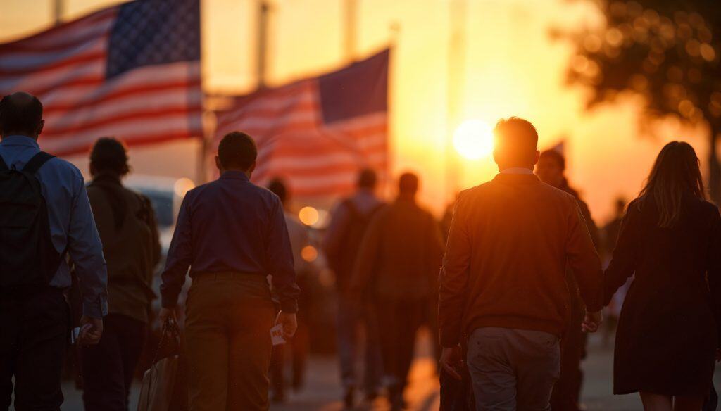 Guanajuato refuerza apoyos para migrantes retornados: atención en EE.UU., frontera y de regreso a casa Personas caminando durante evento en la tarde con banderas de EE. UU. y atardecer cálido en fondo, opinión sobre libertad y comunidad.