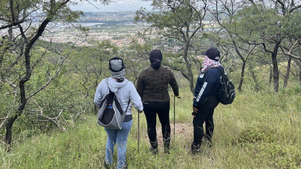 Personas haciendo senderismo en bosque con vista panorámica de la ciudad y lagos en el fondo.