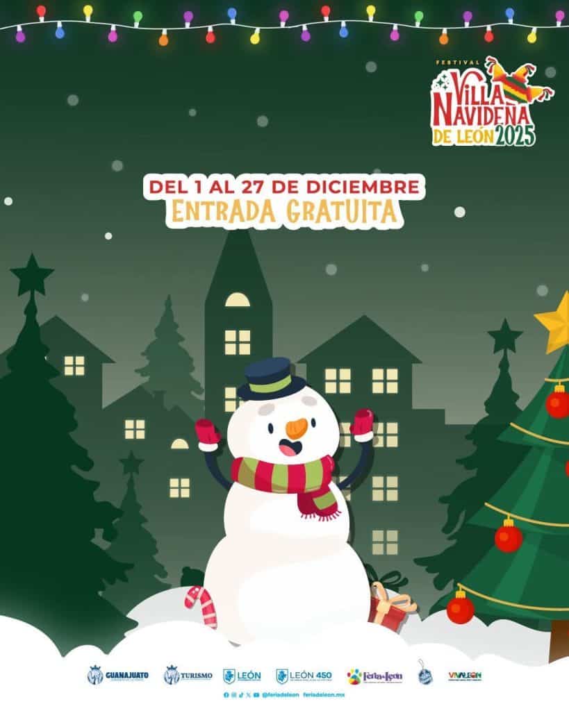 Colorido cartel del Festival Villa Navidad León 2023, con un muñeco de nieve en un entorno navideño.
