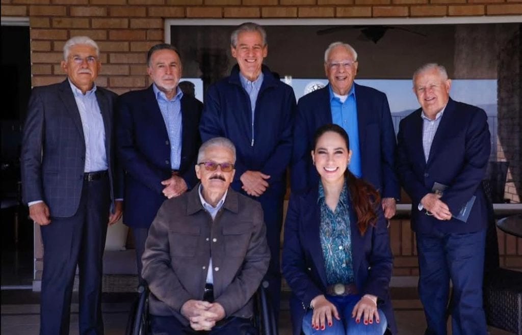 Diversos adultos mayores y mujer joven en reunión familiar al aire libre en patio de casa.