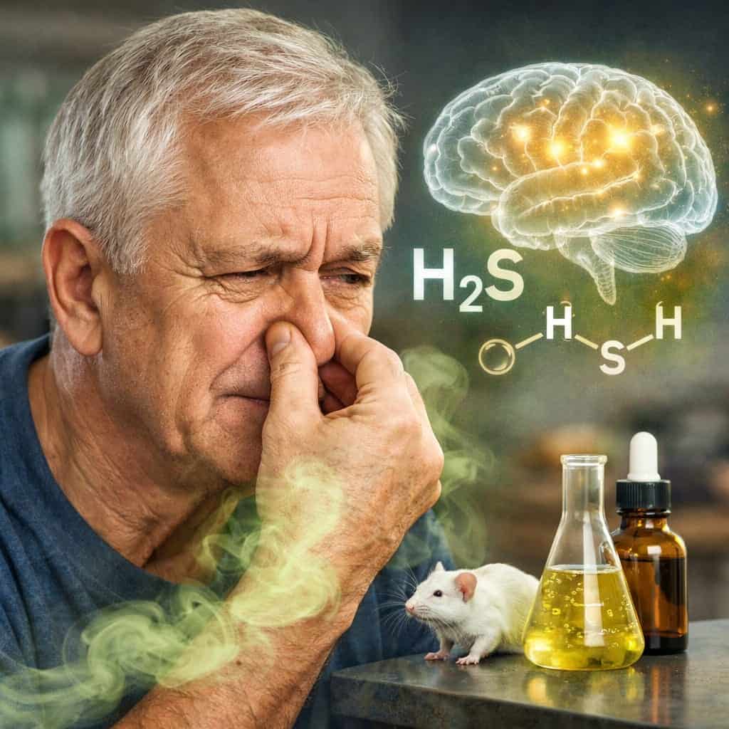 Oler tus propios gases ayudaría a combatir el Alzheimer 1. Hombre mayor con estornudo y vapor medicinal con moléculas de H2S y cerebro ilustrado que sugiere investigación científica.