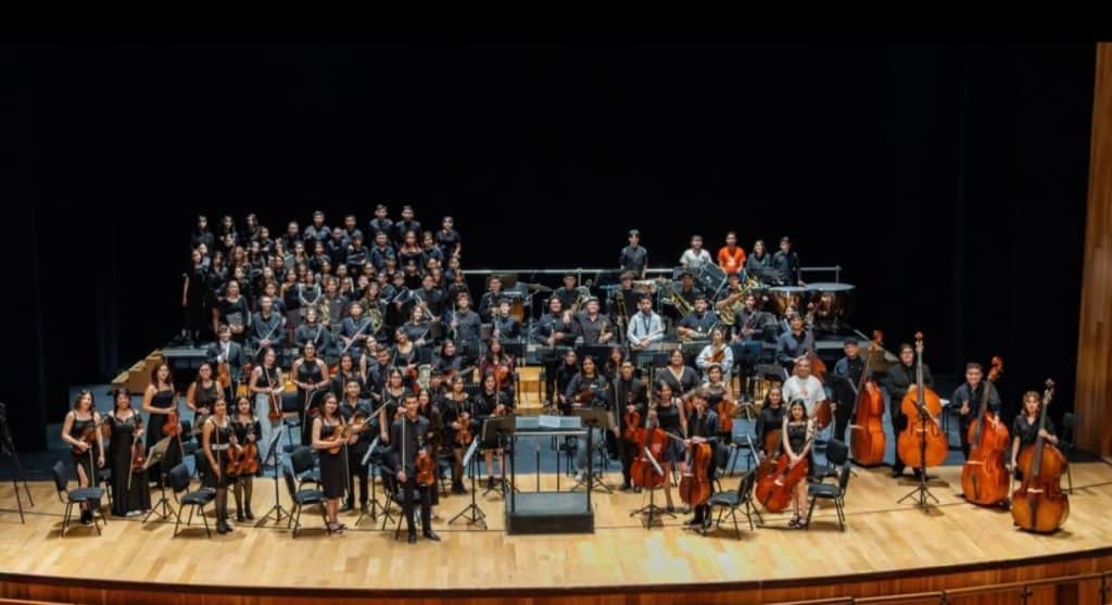 Una orquesta sinfónica en concierto en su escenario principal, tocando música clásica en vivo.