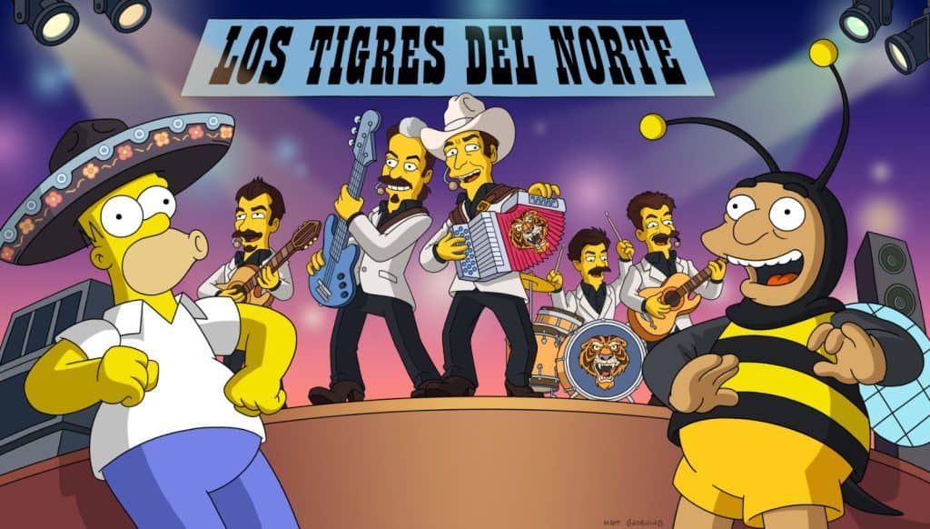 Los Tigres del Norte debutan canción original en Los Simpson: “El Corrido de Pedro y Homero” 1. Tigers del Norte en concierto, personajes de Los Simpsons en escenario musical.