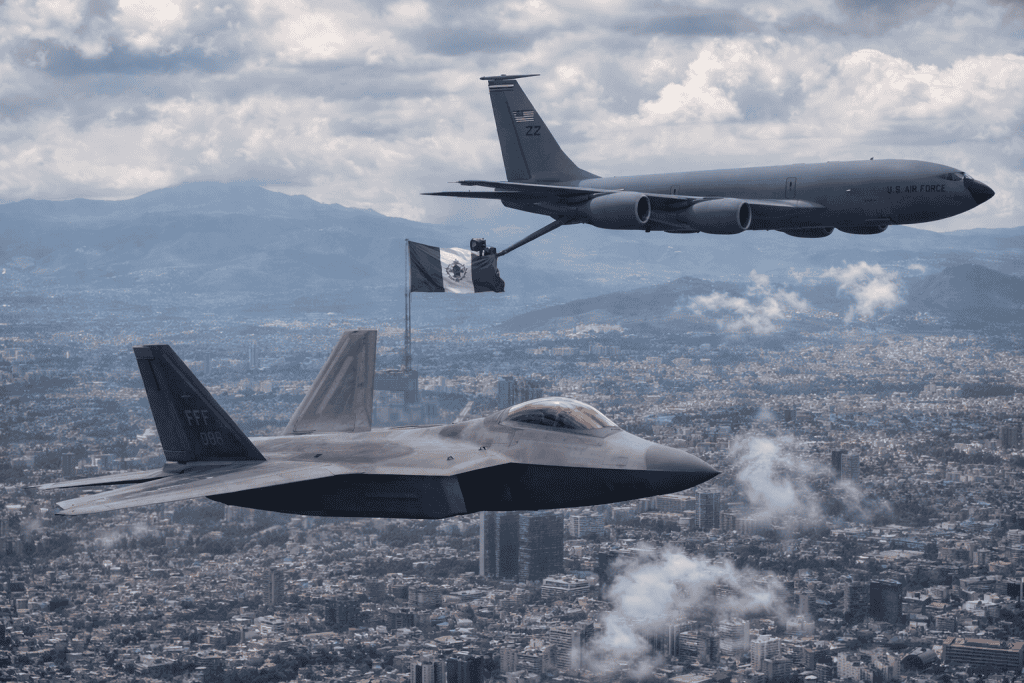 Aviones militares US y México en vuelo sobre la ciudad con bandera mexicana en medio.