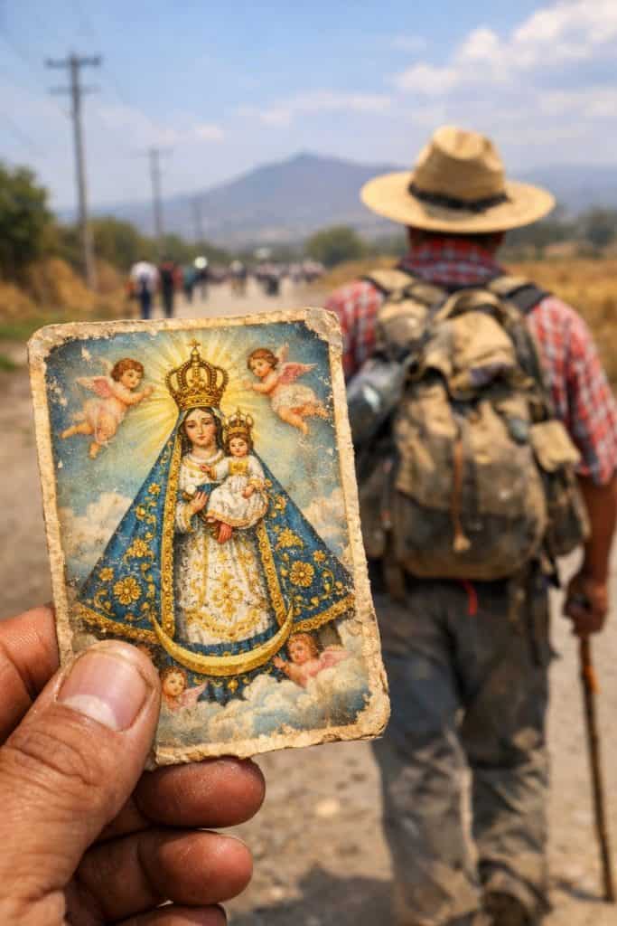 1. Imagen de una postal antigua de la Virgen María con niños y ángeles en un camino rural mexicano.
