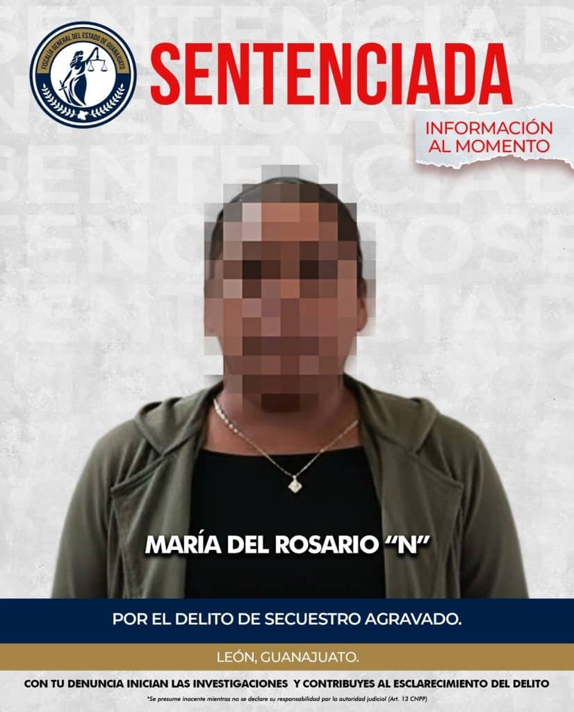Rostro pixelado de una mujer con fondo gris y texto sobre su detención en Guanajuato.