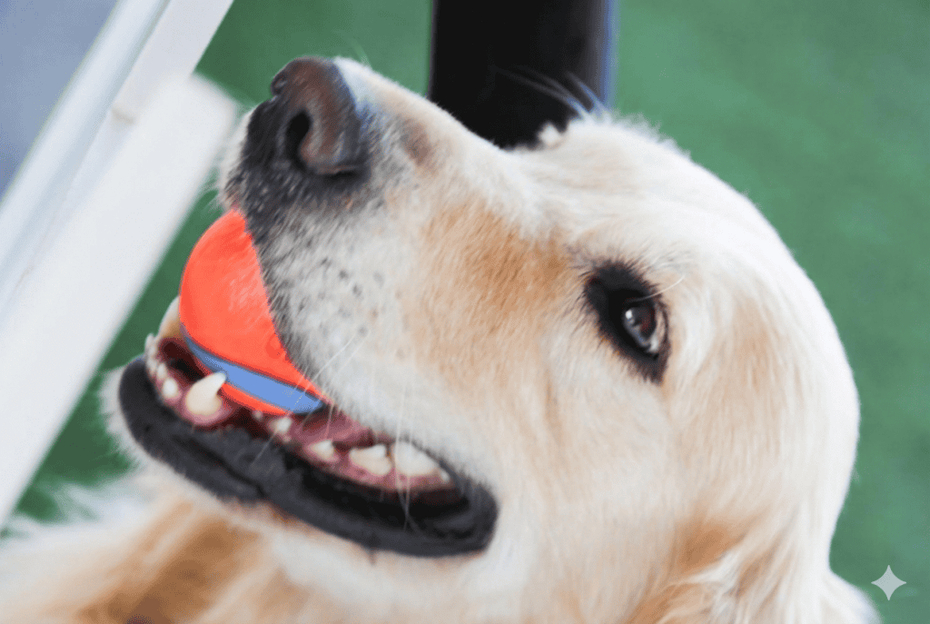 Perro con pelota de entrenamiento, juego y diversión para mascotas.
