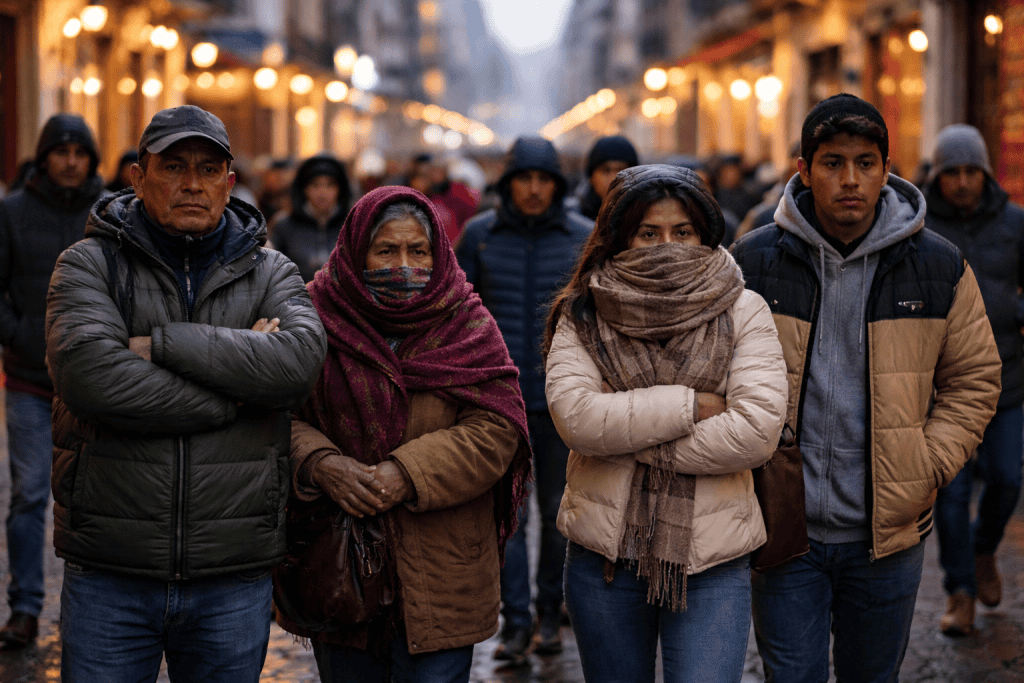 Personas con expresión seria en calle concurrida de noche, mostrando resiliencia y comunidad en contexto urbano.