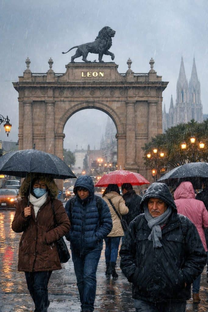 1. Persona con paraguas en la lluvia en la Ciudad de México frente al Arco de León, clima lluvioso y urbano.