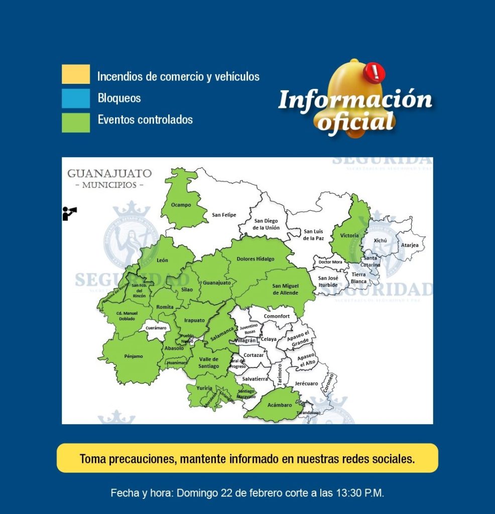 Contenidos incidentes en 23 municipios de Guanajuato; autoridades reportan saldo blanco y carreteras libres